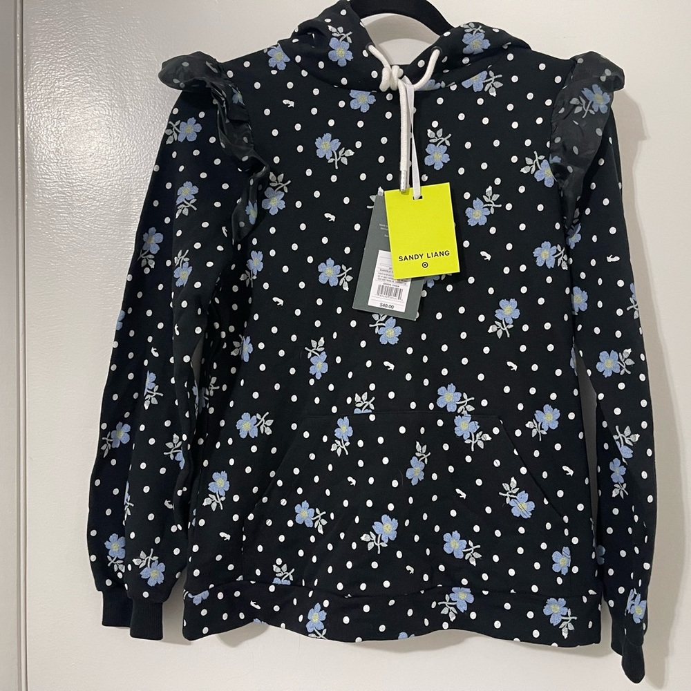 Sandy Liang Black Hoodie with Blue Floral and White Dots